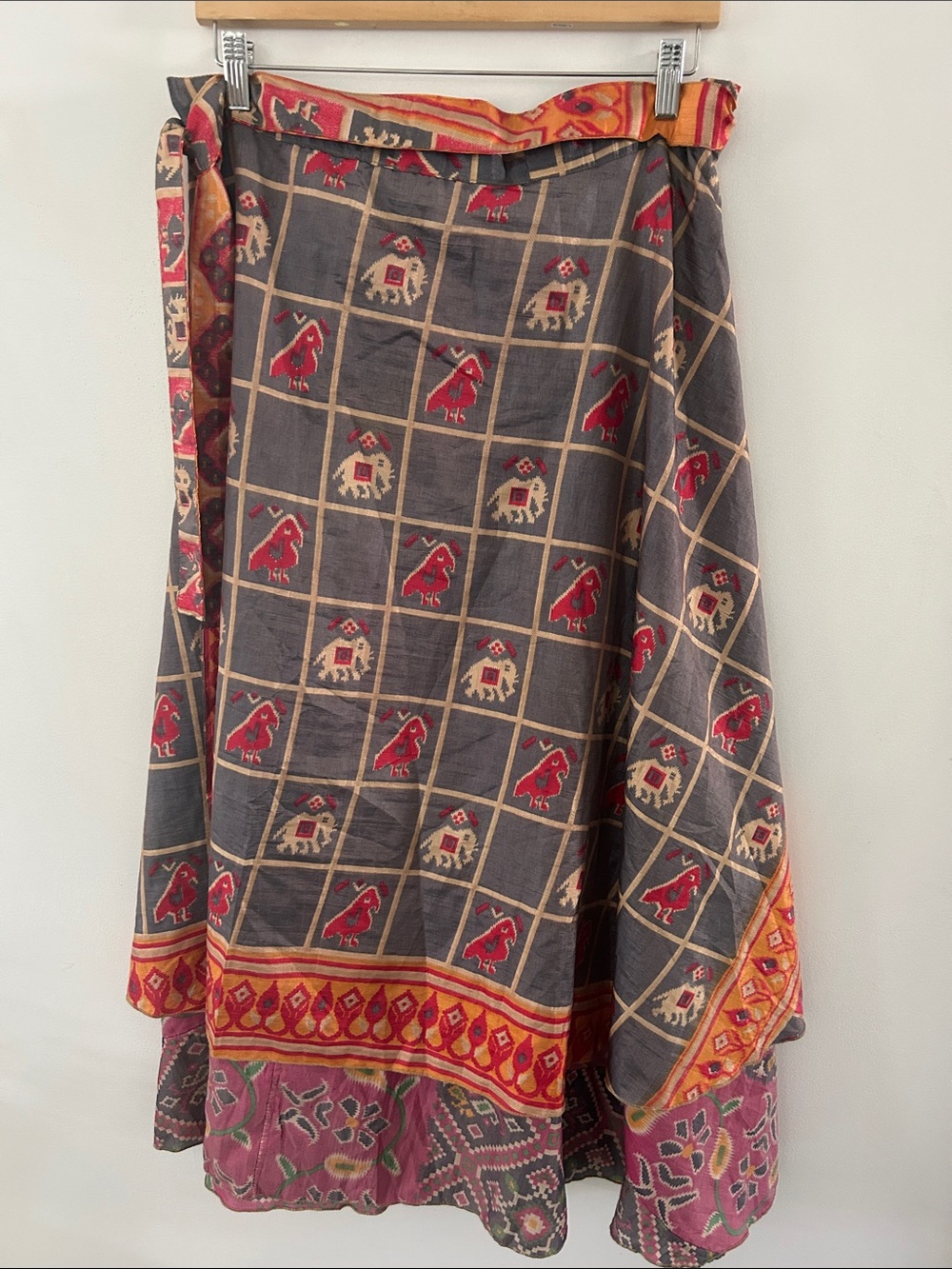 Unbranded Bohemian Silk? Wrap Maxi Skirt Mixed Media Aztec Print Summer Festival - Picture 5 of 11